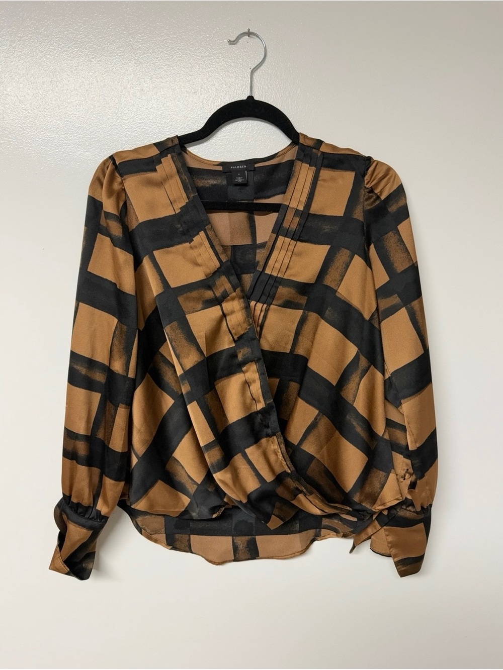 Halogen Black & Tan Plaid Wrap Blouse